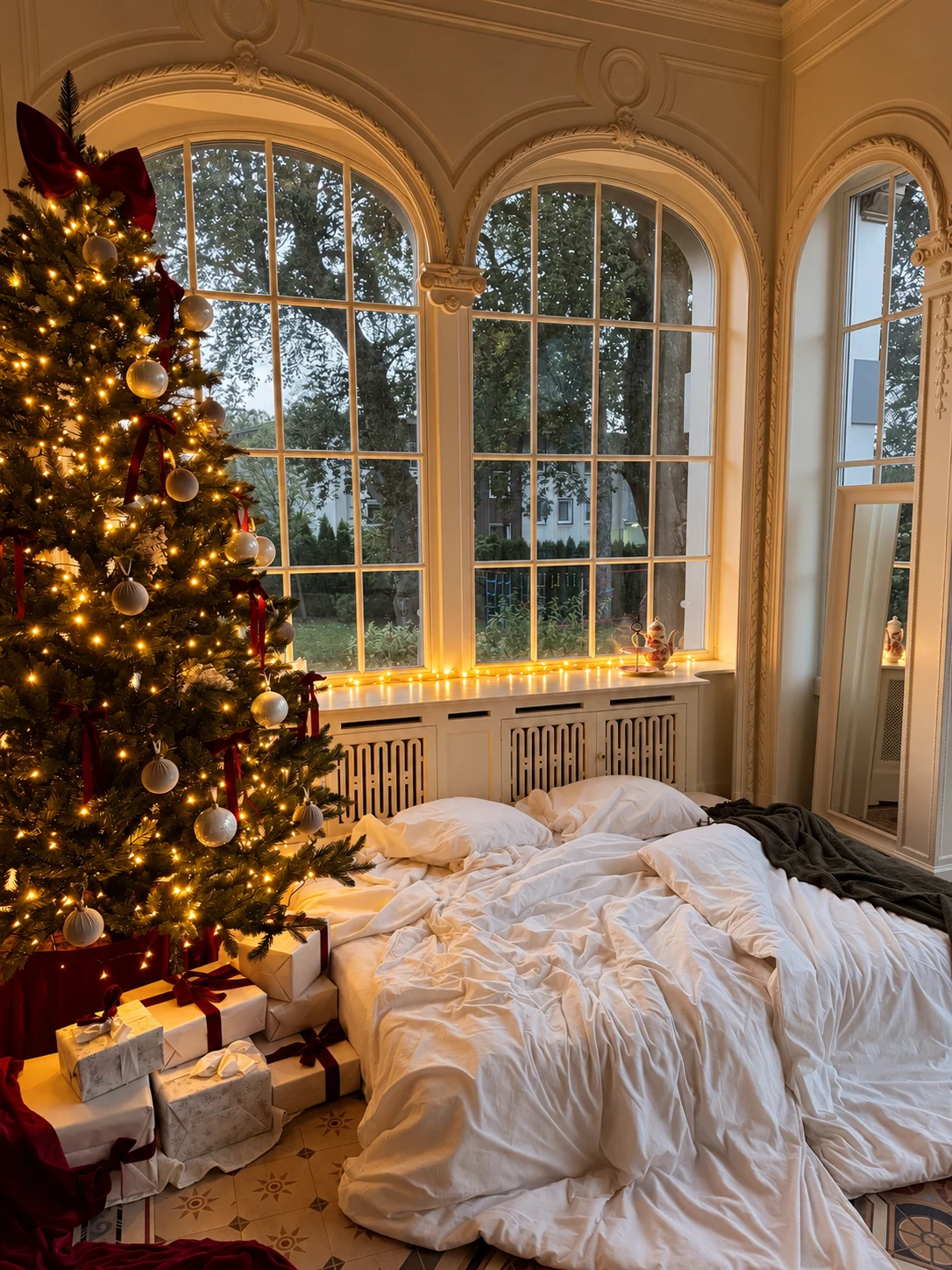Weihnachtsdekoration mit geschmücktem Baum und Bett vor den großen Fenstern