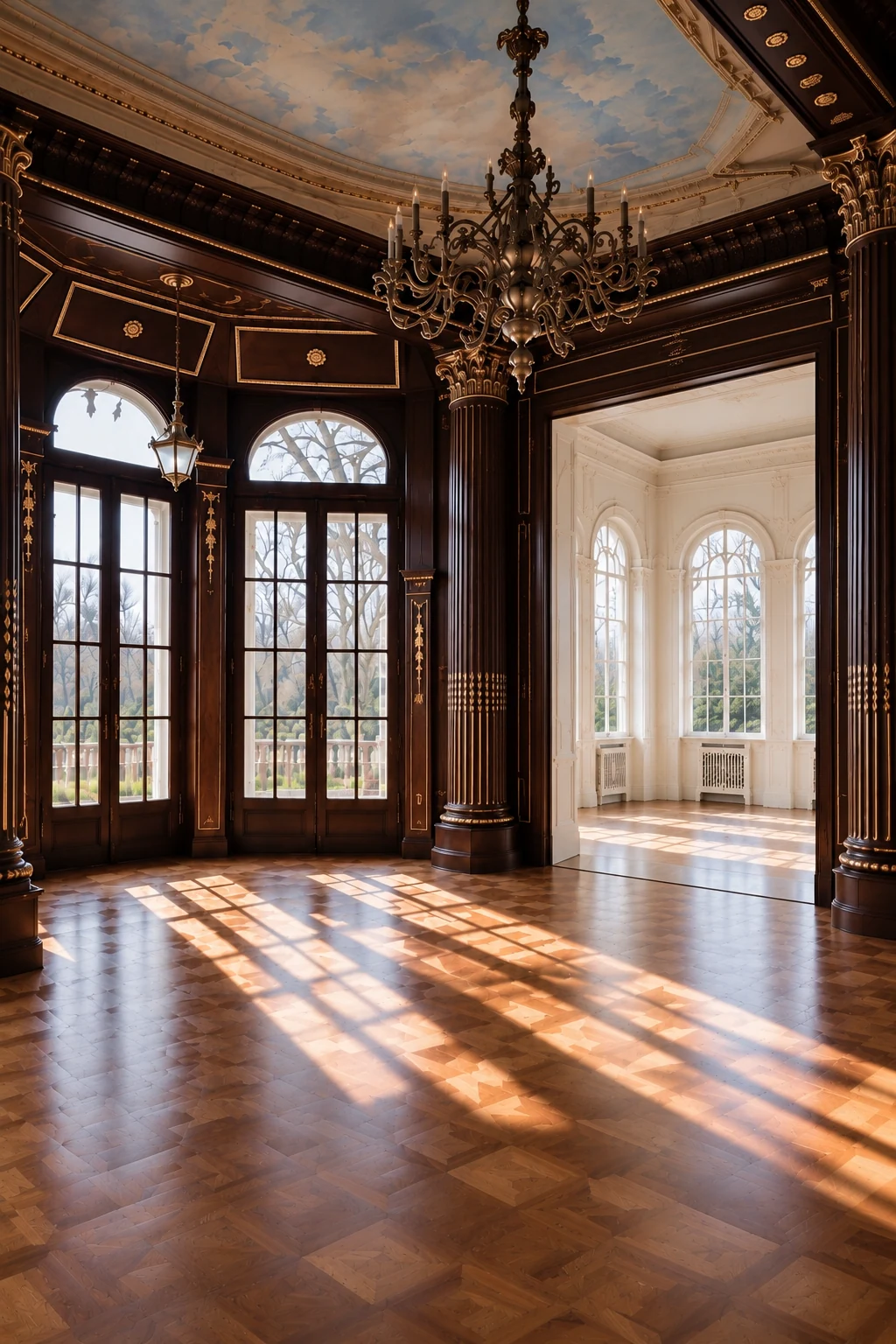 Etage 1: prächtiger dunkler Salon mit Kronleuchter und historischem Parkett