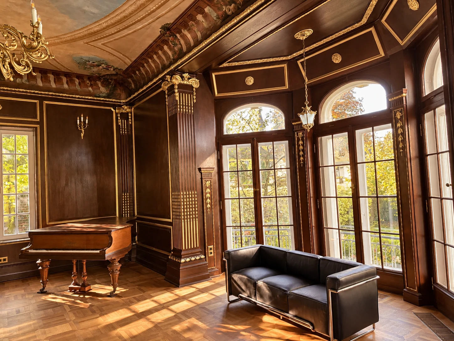 Historischer dunkler Salon der Villa 127 mit hohen Fenstern, Klavier und Sofa